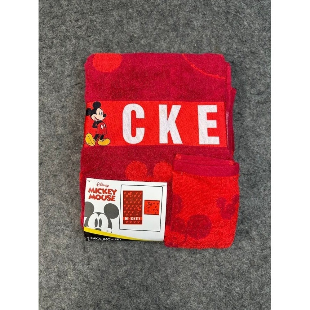 Disney Mickey Mouse 2 Piece Bath Towel Washcloth Set Red 100% Cotton NWT